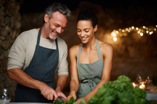 couple joyfully prepares dinner together in their outdoor backyard creating cozy atmosphere for family dinner