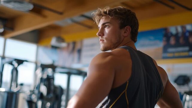 A dedicated athlete in performance gear prepares for a rigorous workout in a high-tech gym illuminated by natural and artificial light.