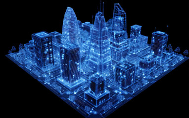 Digital 3D model of a modern city with glowing blue buildings