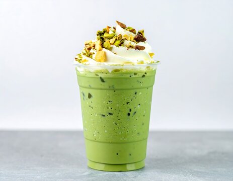 Refreshing green iced drink with pistachio topping