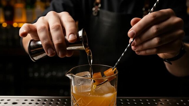 Bartender preparing cocktail with ice clinking in glass, amber liquid flowing, spoon stirring. Bartender&rsquo;s hands are visible, soft jazz plays in background, muffled conversations create atmosphere.