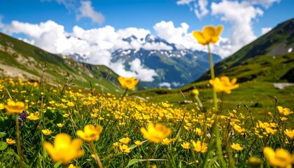Mountain meadow bursting with vibrant yellow wildflowers under a brilliant blue sky