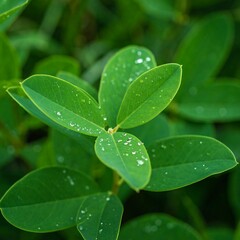Close-up of dewy green leaves