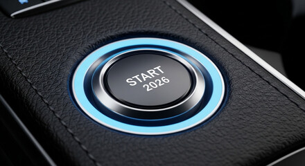 A close up of a start button with the year two thousand twenty six on it in a modern car interior