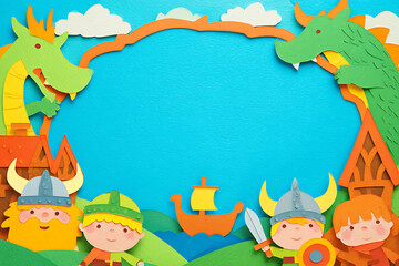 Obraz premium viking and dragon art, a framed d collage with clear center for text, bordered by friendly vikings and dragons viking landscape in background