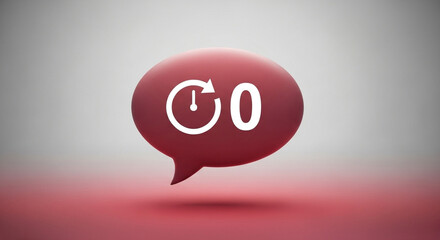 A maroon speech bubble with a white clock icon and the number zero on a gradient background color