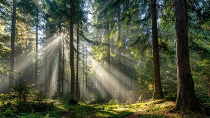 Fototapeta premium Sunlight breaks through the tall trees in a serene forest illuminating the ground with a soft glow. The peaceful atmosphere invites exploration and reflection.
