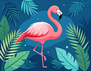 Pink flamingo amidst tropical leaves