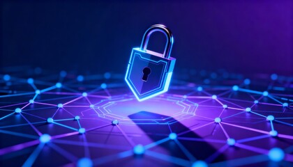 abstract representation of cybersecurity, digital lock floating over glowing network, blue and purple color palette, sci-fi design, tech matrix, sharp lighting