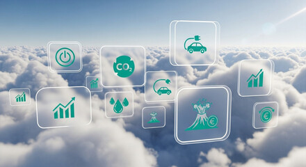 Naklejka premium Floating green energy icons above clouds representing sustainability and environmental consciousness