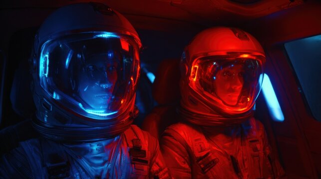 Two astronauts wearing advanced space suits sit side by side in a high-tech vehicle. - Powered by Adobe