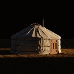 Rustic yurt illuminated by golden hour sun on dark background.