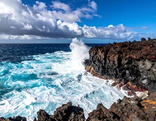 Powerful ocean waves crashing against volcanic rock