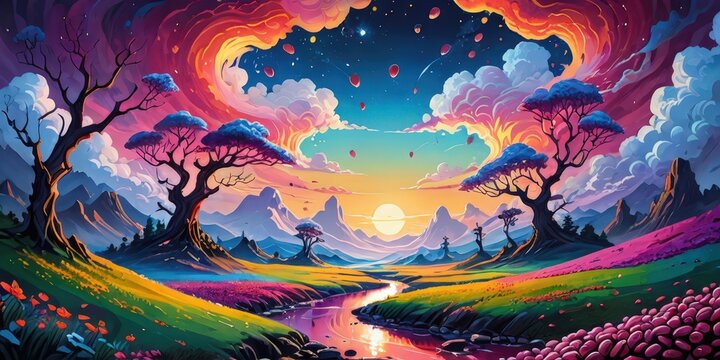 Vibrant fantasy landscape with trees, river, and sunset