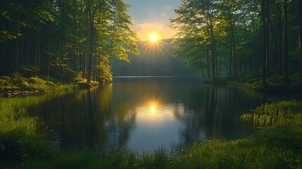 Sunrise over forest lake