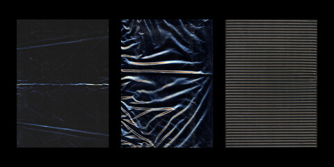minimal plastic wrap textures set on black background
