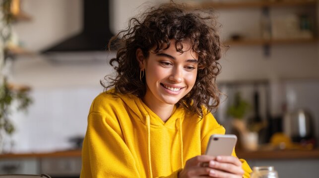 A woman with curly hair wearing a yellow hoodie smiles warmly while interacting with her smartphone in a bright kitchen during morning hours creating a cheerful atmosphere.