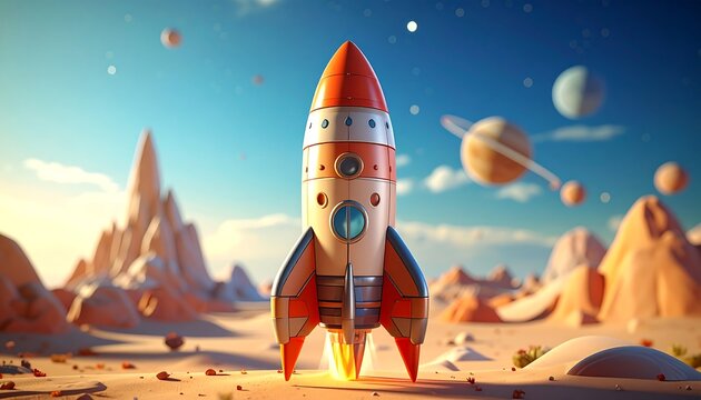 A vibrant rocket ship takes off from a desert landscape among colorful planets and mountains, showcasing a whimsical space adventure. - Powered by Adobe