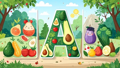 Colorful fruit and vegetable letters in a nature scene