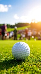 Obraz premium Golf ball on a green, spectators in background