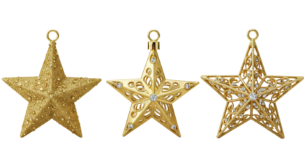 Golden star ornaments: matte five-pointed, polished eight-pointed with gems, and filigree eight-pointed, on transparent with crystal chips. Concept of luxury product display