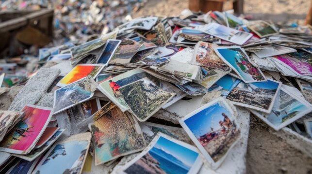 A vast array of old faded photographs lies scattered in a desert location showcasing moments from different times lost in neglect and time. These images tell untold stories of life.