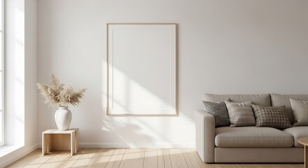 Bright modern living room with sofa and blank framed art ready for your design