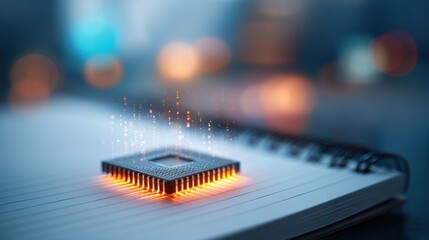 A microchip is prominently placed on an opened notebook glowing with light particles around it symbolizing cutting-edge technology and innovation in a professional environment.