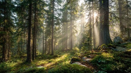 Obraz premium Morning light shines through dense tree branches illuminating the forest floor covered with lush greenery and moss. A peaceful atmosphere is created by the soft rays breaking through the foliage.