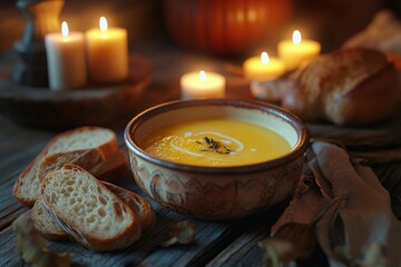 cozy autumn pumpkin soup in rustic bowl