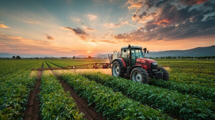 A red tractor applies spray to lush green crops under a vibrant sky at sunset. The peaceful rural setting showcases agricultural activity and serene nature.
