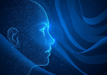 Digital human head profile with blue glowing lines and curves on a dark blue abstract background