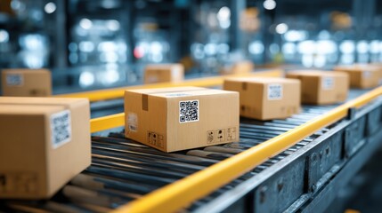 Brown cardboard boxes are being transported on a conveyor belt in a busy distribution center. Each box has a barcode printed on it indicative of an organized logistics process.