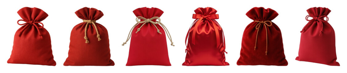 Red gift bag set including various fabric, satin, and velvet pouches isolated. Holiday and Christmas packaging collection.