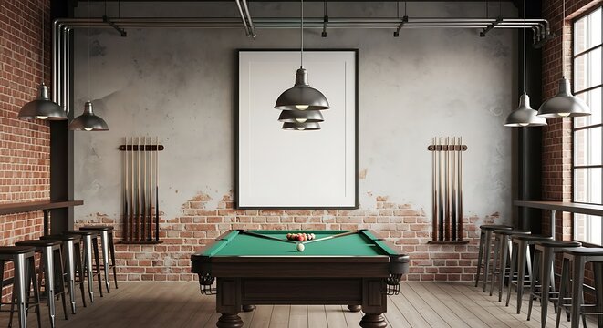 Modern billiard room interior with pool table and contemporary art display above