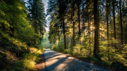 Fototapeta premium A peaceful forest path is illuminated by warm sunlight filtering through tall trees. The scene captures the serene beauty of nature in the early morning inviting exploration.