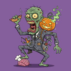 Funny cartoon zombie with hot dog pumpkin backpack stepping on a brain Halloween horror fun