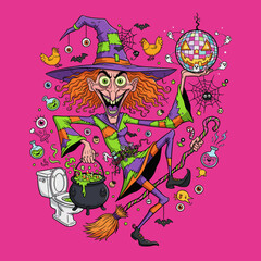 Crazy witch with bubbling cauldron and disco pumpkin surrounded by Halloween chaos