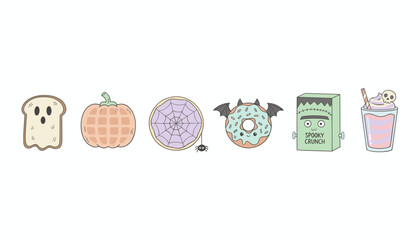Sweet and spooky Halloween treats and drinks illustrations ghost toast bat donut pumpkin waffle