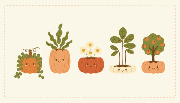Whimsical smiling pumpkins as planters nurturing diverse plants and a fruit tree