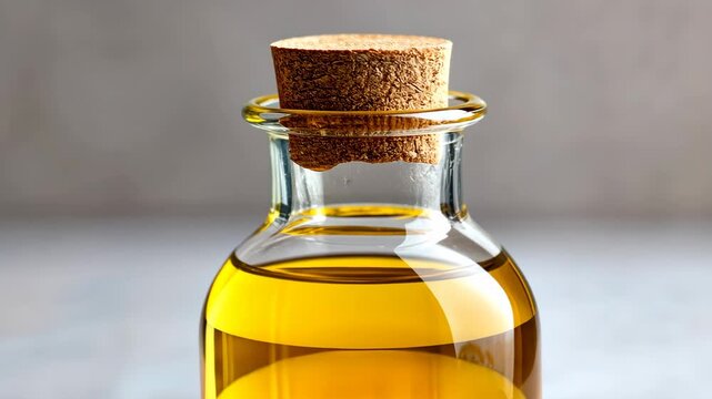 Golden oil bottle with cork in soft natural light captured in progressive motion sequence
