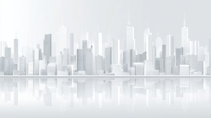 Obraz premium A city skyline features numerous tall buildings with glass facades and smooth lines. The minimalist design emphasizes white and gray tones reflecting on a calm water surface below.