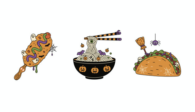 Spooky Halloween food illustration set corn dog ramen and taco with festive elements - Powered by Adobe