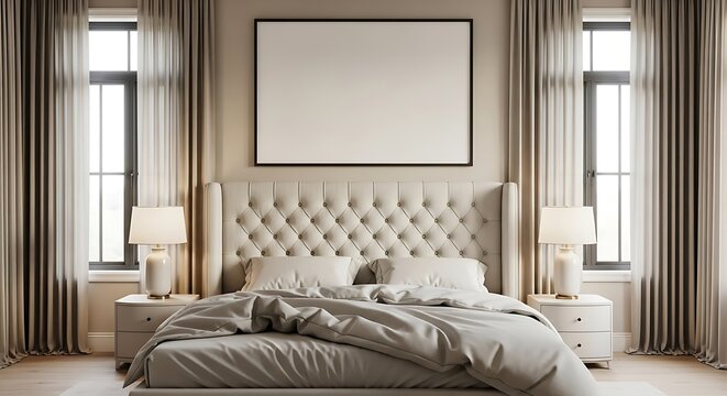 Luxurious bedroom interior with elegant tufted headboard large windows and framed art above bed