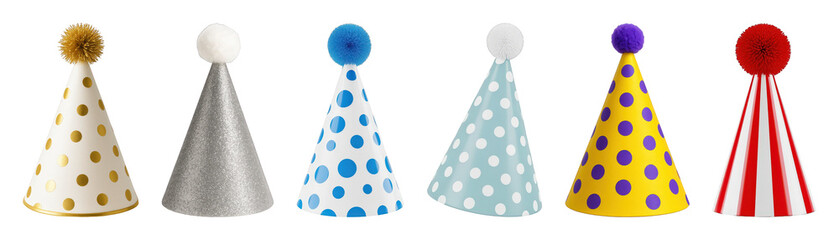 Party hat set including colorful polka dot, striped, and glitter designs with pom-poms isolated. Celebration and birthday accessory collection.