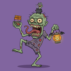 Zombie with candy and pumpkin lantern ready for Halloween trickortreating