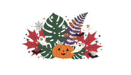 Cheerful Halloween illustration with pumpkin ghosts bats and autumn leaves Festive seasonal design
