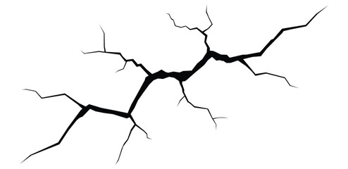 Abstract black crack illustration on white background. Jagged, irregular lines with branching fissures create depth. Bold, graphic style, clean composition, symbolizing break or separation.