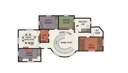 Illustrated haunted house floor plan scary rooms for Halloween fantasy and mystery concepts