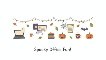 Playful Halloween office ghost pumpkins autumn leaves and work essentials